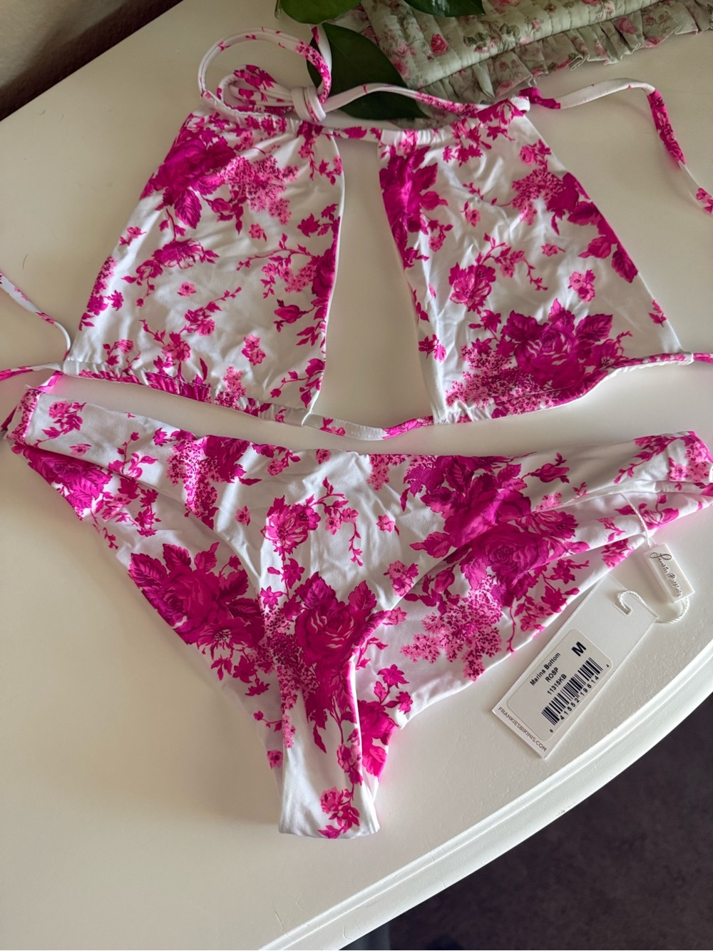 Frankie's Bikinis White & Hot Pink Floral Halter Bikini